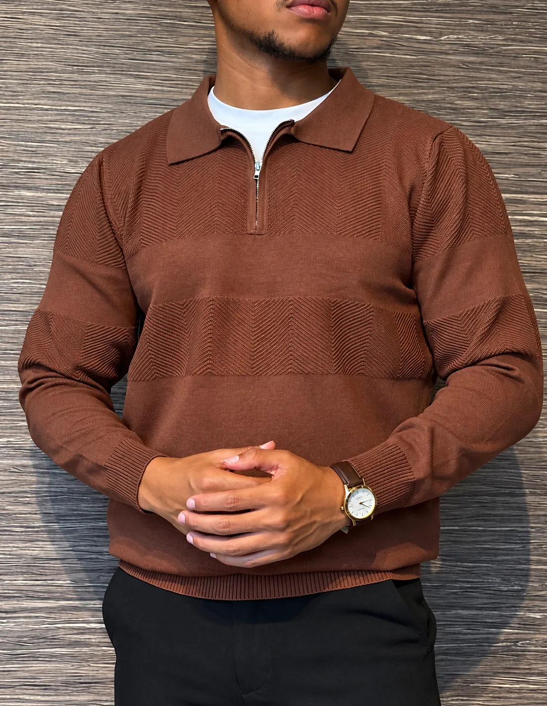 Men’s Textured Half-Zip Polo Sweater – Green, Brown, Black & White