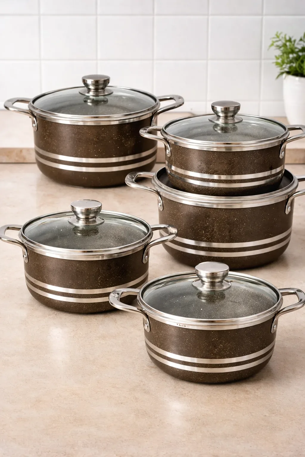 Speckled Non-Stick 5-Piece Cookware Set with Glass Lids & Stainless Steel Handles