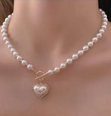 Faux Pearl Decor Heart Charm OT Buckle Necklace