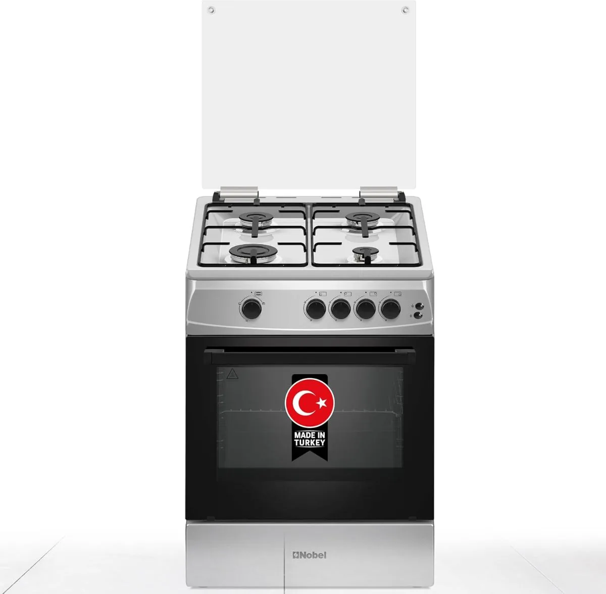 Nobel 60 x 60 Gas Cooker, 4 Gas Burner, Gas Oven & Gas Grill, 6 Knob Control, Manual Button Ignition, Stainless Steel Lid, Inner Light, 63 x 60 x 87 cm, Silver, Made In Turkey