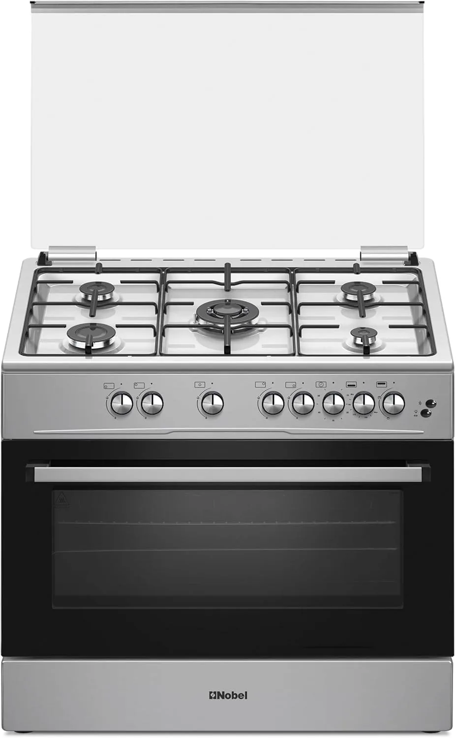 Nobel 90 x 60 5-Burner Gas Cooker with Gas Oven, Grill Function, Self-Cleaning, Thermostat, Glass Top Lid, Auto Ignition, and Cast Iron Pan Supports NGC9699I Black