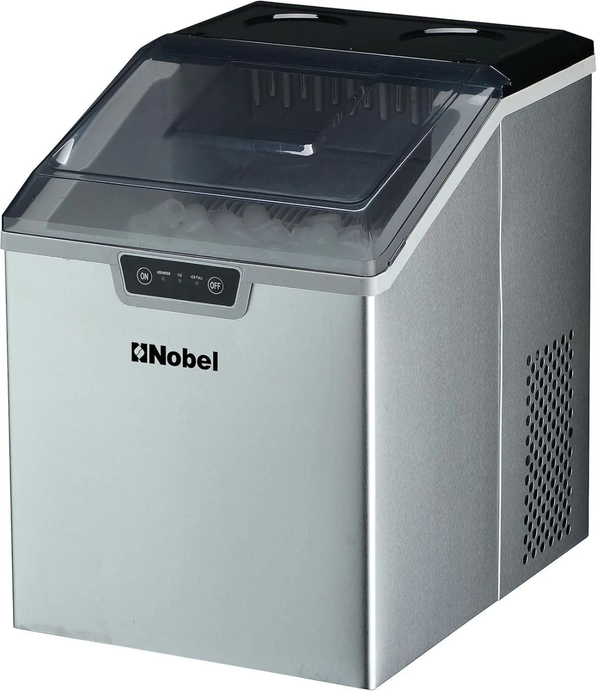 Nobel Ice Cube Maker Stainless Steel 15-18 Kgs 24 Hrs Ice Making Capacity 2.4Kgs Icebin Capacity, 3.2L Water Tank Bullet Ice Shaped Led Indicator NIM24 Silve