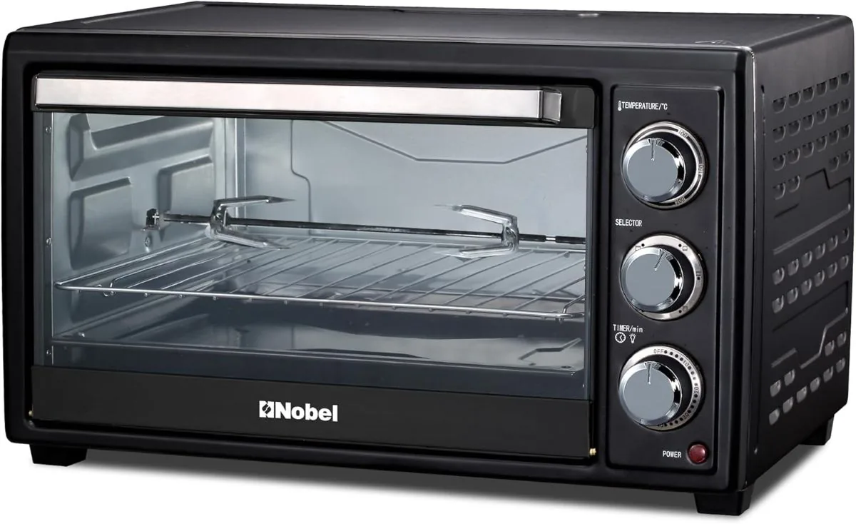 Nobel 35 Litres Electric Oven with 3 Knob Control & 60 Minutes Timer with Bell, Rotisserie & Inner Lamp, Heat Resistant Tempered Glass 1500W NEO36 Black
