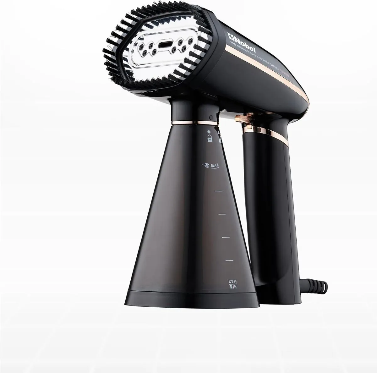 Nobel Steam Iron, Stainless Steel Panel, Detachable Water Tank, Steam Brush, 360° Rotational Swivel Handgrip, Pilot Light, Folded Handle, LED Indicator Lights, Auto-shut Off NSI33 Black