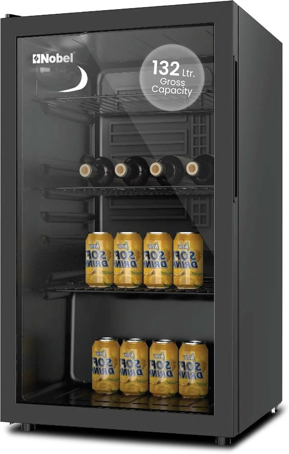 NOBEL BOTTLE CHILLER Black 132 LTR Glass Door METAL SHELF WITH WOOD FRONTAL FRAME NBC140RH