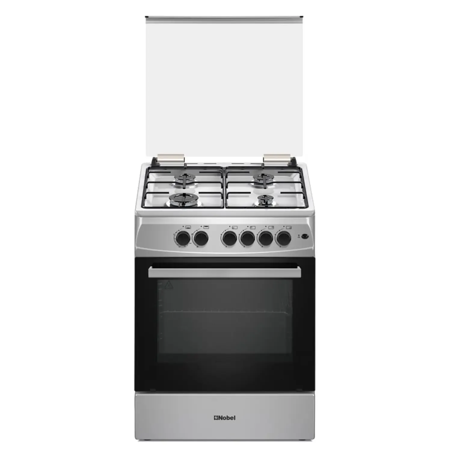 Nobel 60 x 60 Gas Cooker, 4 Gas Burners, Gas Oven And Grill, Inox Top Plate & Control Panel, 6 Knob, Manual Button Ignition, Glass Top Lid With L Profile, Made In Turkey NGC6611 Silver
