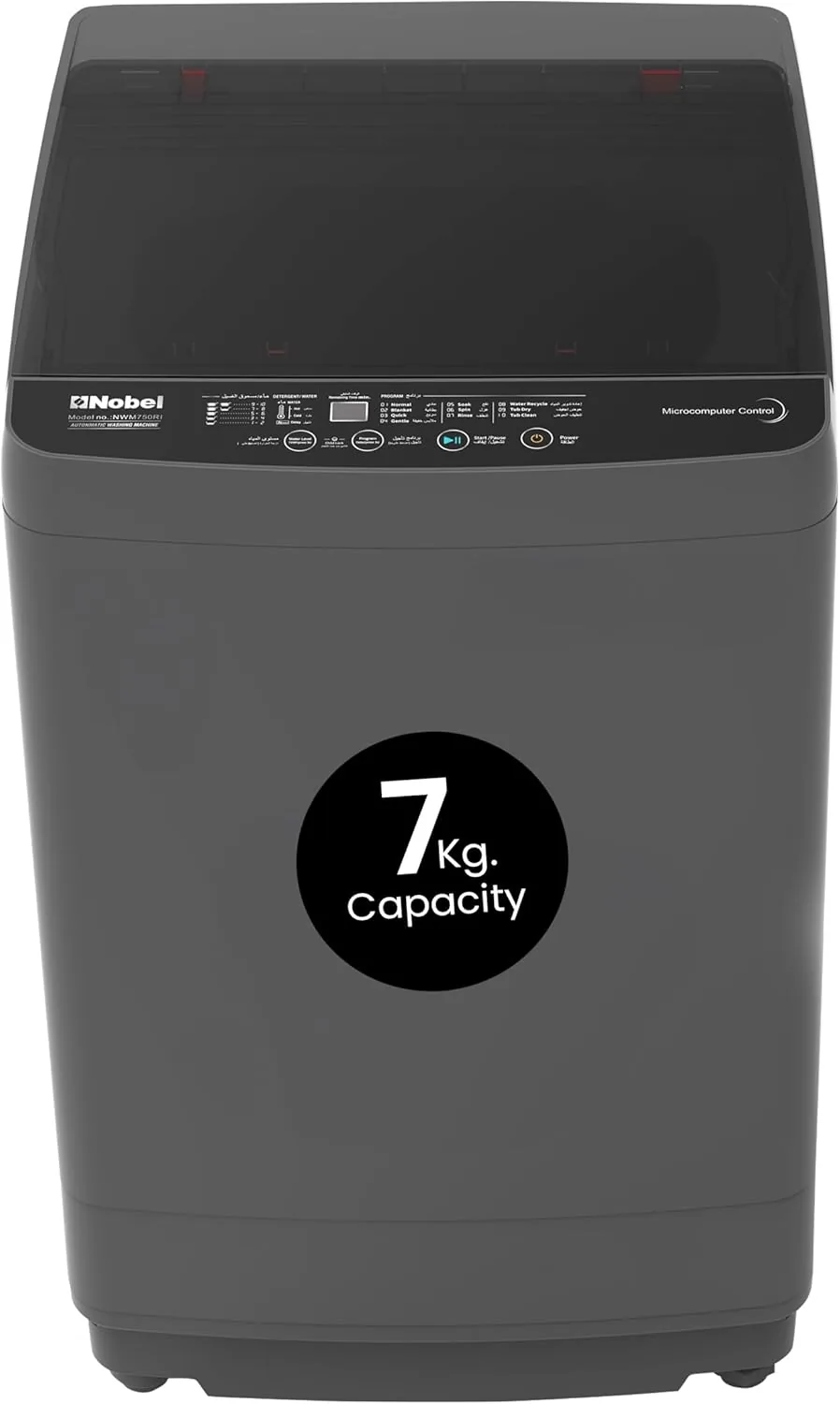 Nobel Washing Machine 7 KG Capacity, Electronic Control, 12 Wash Programs, LED Washing Phase Indicator, Transparent Lid, Dual Magic Filter, Stainless Steel Drum - NWM750RI Dark Grey