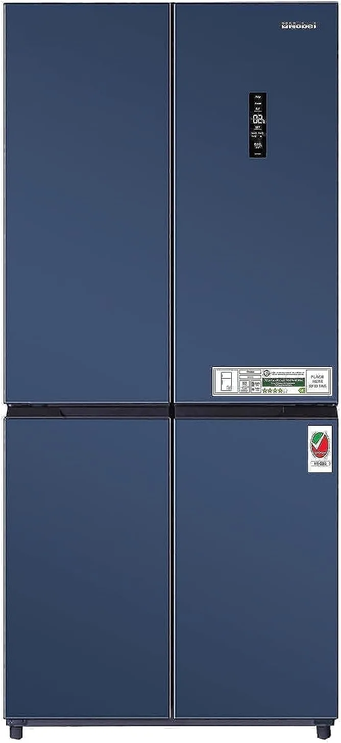 Nobel 600 Gross Ltr French Four Door Bottom Freezer Refrigerator, No Frost, Inverter, Tropical Cooling, Digital Display, R600a, 4 Star Esma, 83 x 65 x185.5 cm Blue NR640