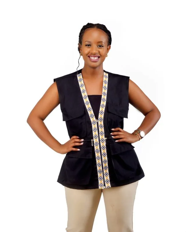 F and Y Made in Rwanda Women Black Vest with Imigongo
