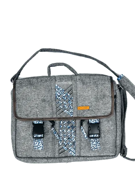 Diplomat Limbag - Soft Briefcase and Laptop Bag - Grey with a Hippie Blue and White African Print by Aflimba