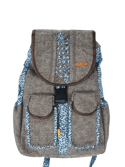 Sack Limbag - Backpack - Kendall Grey with Light Blue Kitenge print by Aflimba