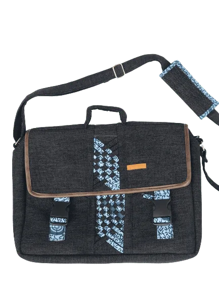 Messenger Crossbody Limbag - Soft Briefcase and Laptop Bag - Dark Grey color with Hippie Blue African Print by Aflimba