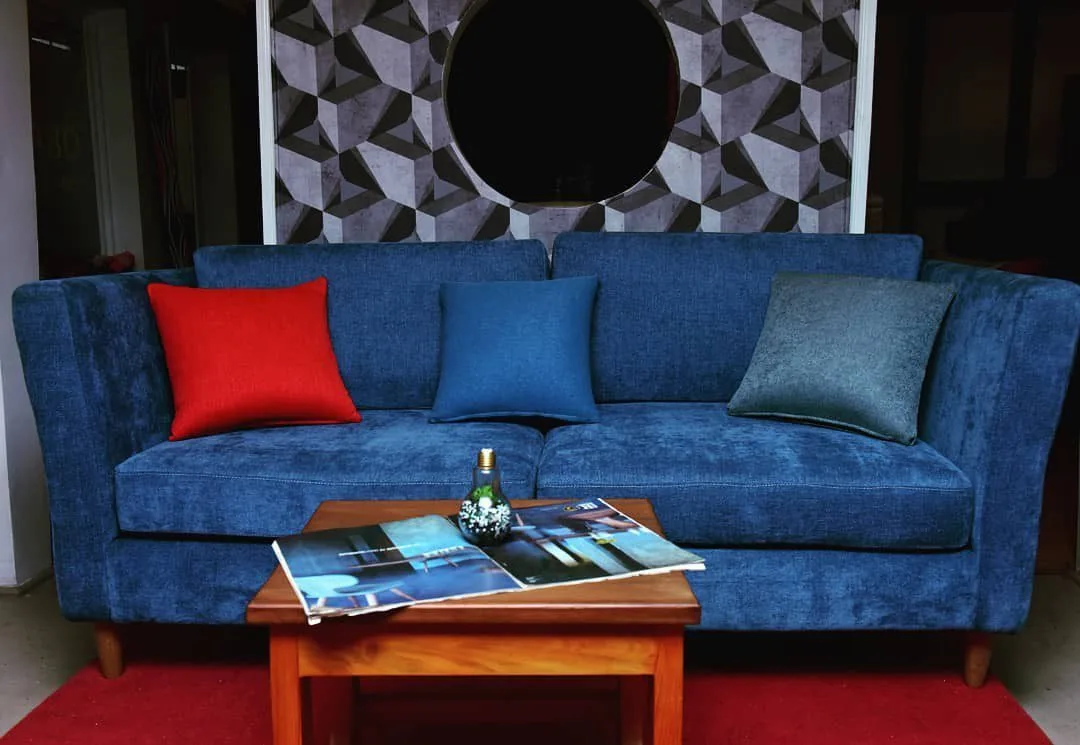 Velvet Blue Sofa 3 seater 2 chairs along with coffee table