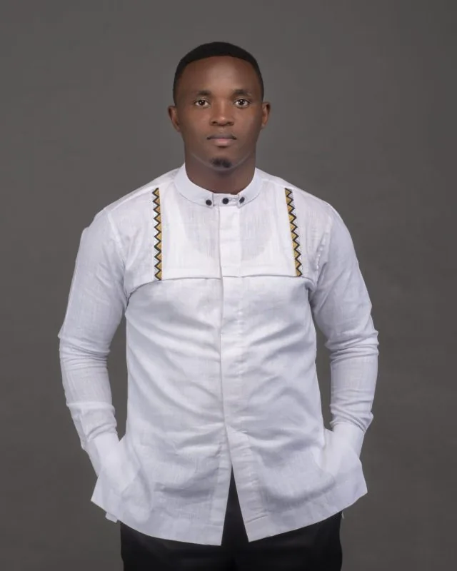 F and Y Made in Rwanda White Long Sleeve Men Shirt with Imigongo