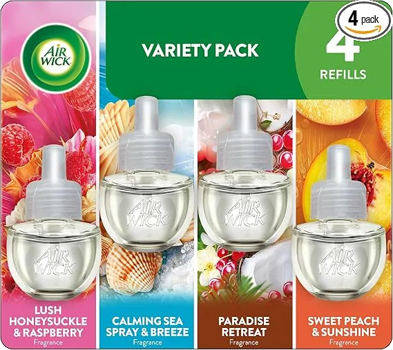 Air Wick Plug-In Scented Oil Refills, 4 Count Multipack, Lush Honeysuckle, Calming Sea Spray, Paradise Retreats, And Sweet Peach, Air Freshener, Essential Oils